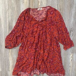 NATURAL LIFE Red Floral Tunic with Purple Print